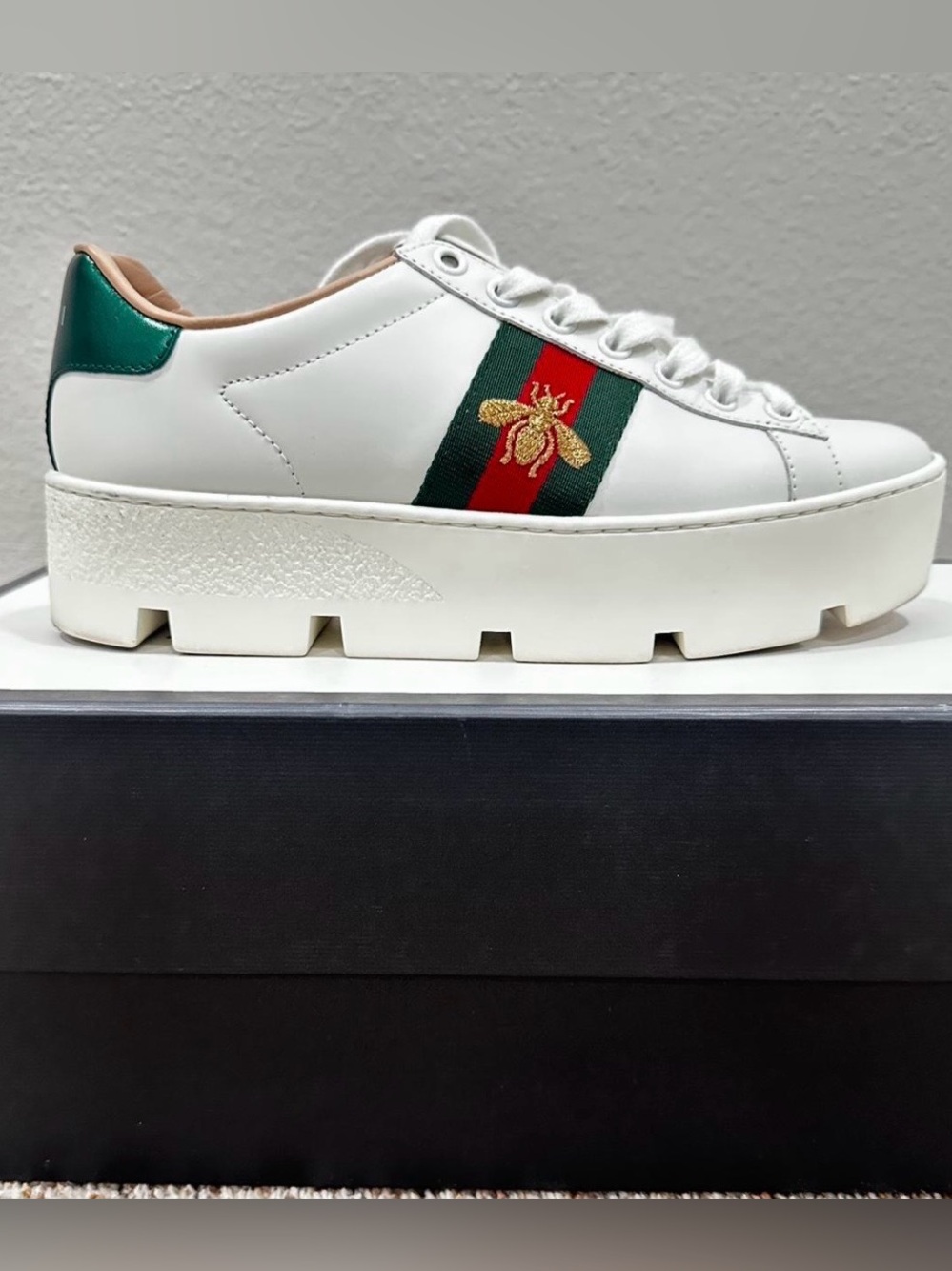 Gucci White Platform Sneaker with Green & Red Stripe and Gold Bee